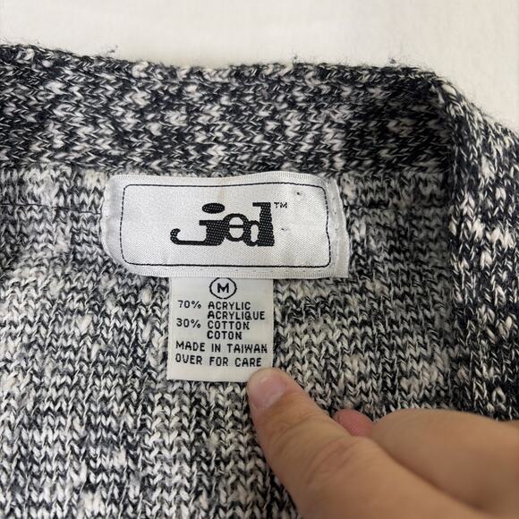 Vintage Jed Medium Geometric 80s Cozy Grandpa Sweater Cardigan Black & White - Picture 3 of 10